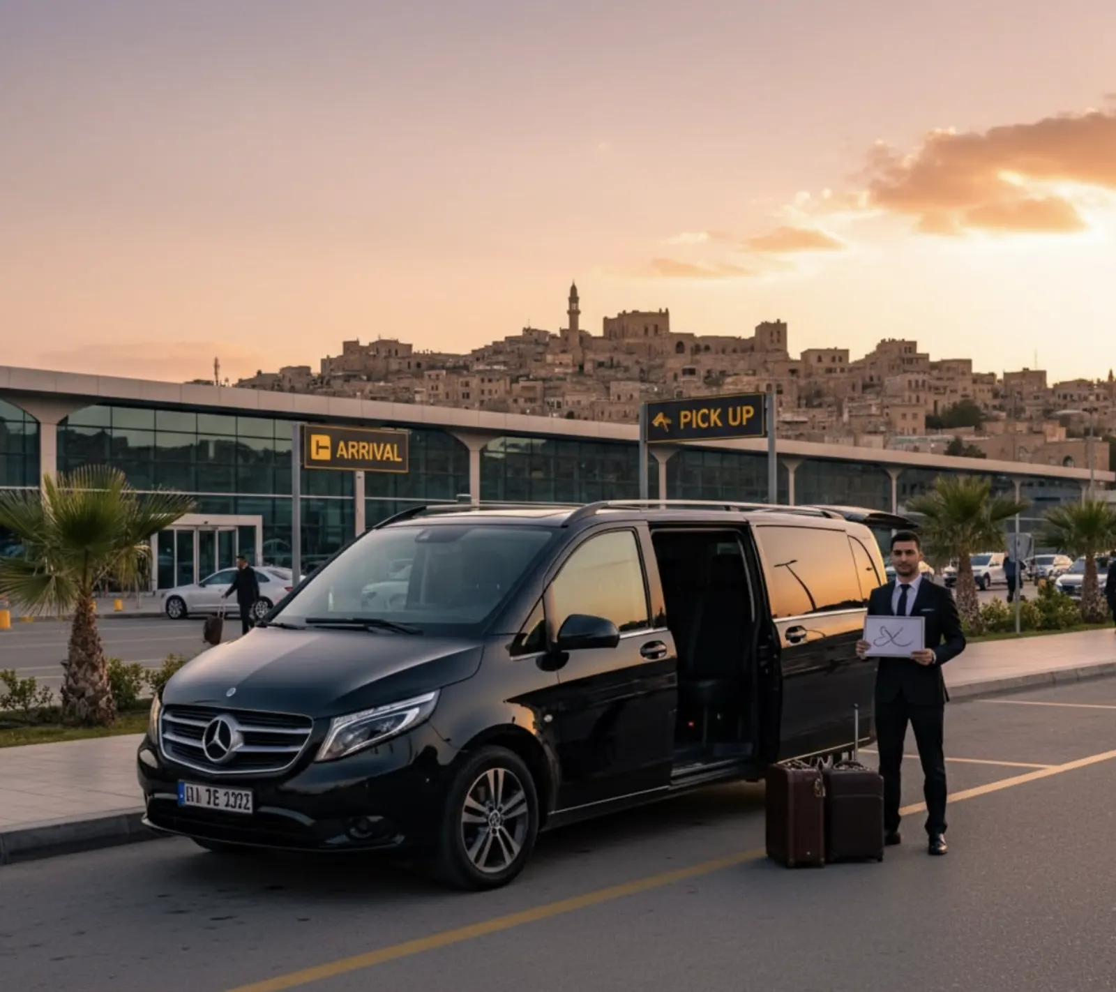 Airport transfer service — private Mercedes van at arrival pickup, professional driver